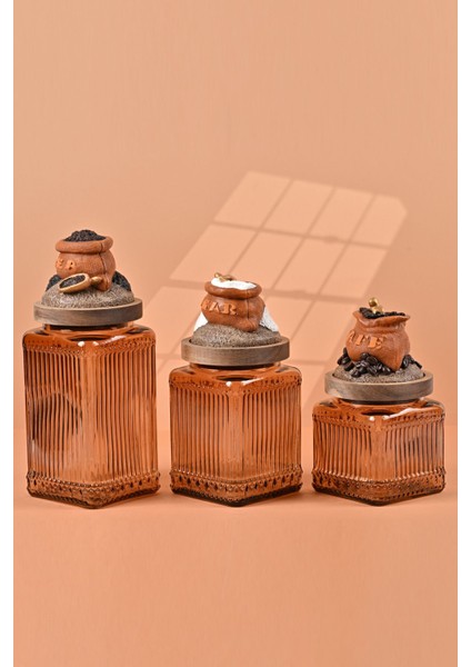 El Yapımı Özel Tasarım Çay Kahve Şeker Kavanozu - 3'lü Set - Vakumlu Ahşap Kapaklı (Turuncu Detaylı) - Light Amber Çizgili Cam - Mutfak ve Ev Dekorasyonu fırsatları