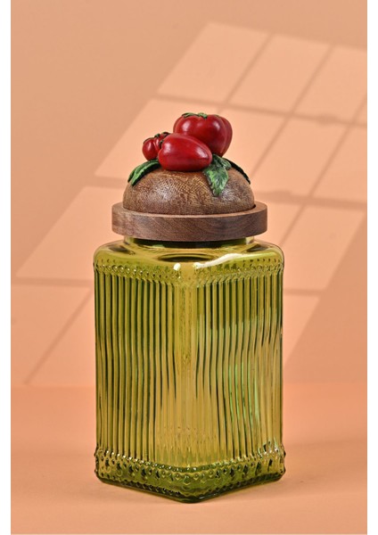 El Yapımı Özel Tasarım Kavanoz - 1000 ml - Vakumlu Ahşap Kapaklı (Domates Detaylı) - Yeşil Çizgili Cam - Mutfak ve Ev Dekorasyonu fiyatları