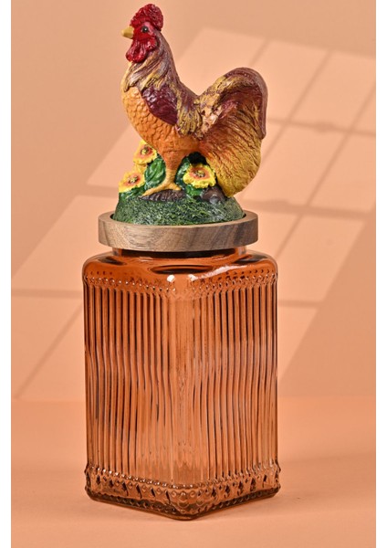 El Yapımı Özel Tasarım Kavanoz - 1000 ml - Vakumlu Ahşap Kapaklı (Horoz Detaylı) - Medium Amber Çizgili Cam - Mutfak ve Ev Dekorasyonu