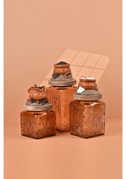 El Yapımı Özel Tasarım Çay Kahve Şeker Kavanozu - 3'lü Set - Vakumlu Ahşap Kapaklı (Turuncu Detaylı) - Light Amber Çiçekli Cam - Mutfak ve Ev Dekorasyonu