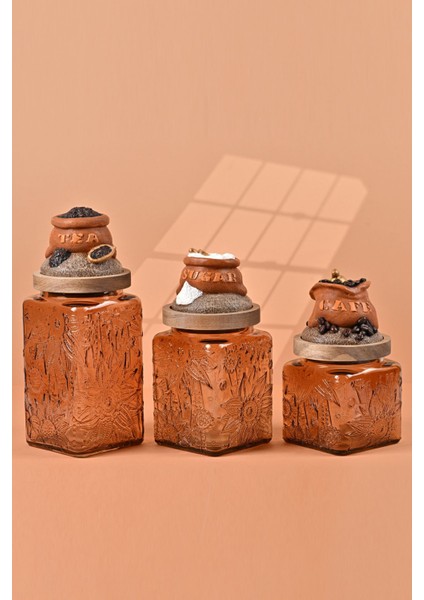 El Yapımı Özel Tasarım Çay Kahve Şeker Kavanozu - 3'lü Set - Vakumlu Ahşap Kapaklı (Turuncu Detaylı) - Light Amber Çiçekli Cam - Mutfak ve Ev Dekorasyonu fiyatları