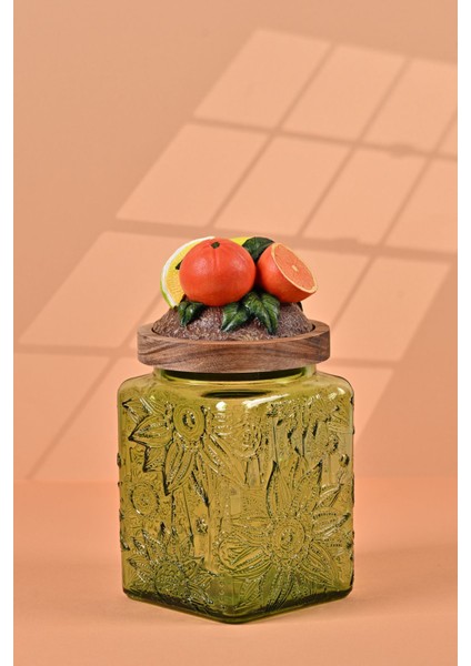 El Yapımı Özel Tasarım Kavanoz - 700 ml - Vakumlu Ahşap Kapaklı (Portakal Detaylı) - Yeşil Çiçekli Kare Cam - Mutfak ve Ev Dekorasyonu
