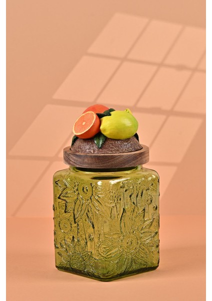 El Yapımı Özel Tasarım Kavanoz - 700 ml - Vakumlu Ahşap Kapaklı (Portakal Detaylı) - Yeşil Çiçekli Kare Cam - Mutfak ve Ev Dekorasyonu fiyatları