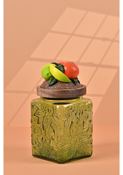 El Yapımı Özel Tasarım Kavanoz - 700 ml - Vakumlu Ahşap Kapaklı (Portakal Detaylı) - Yeşil Çiçekli Kare Cam - Mutfak ve Ev Dekorasyonu modelleri