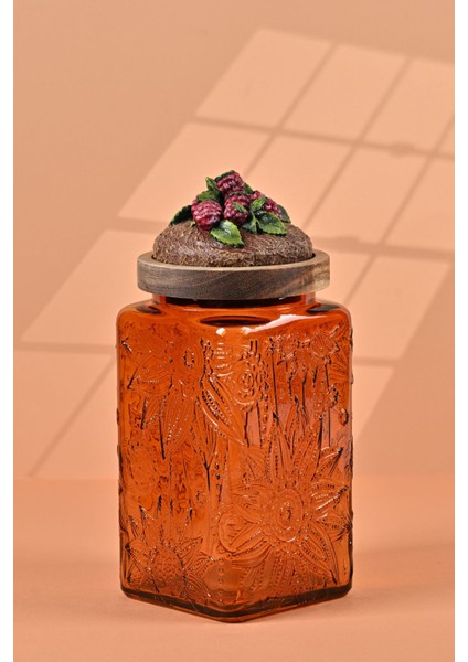 El Yapımı Özel Tasarım Kavanoz - 1000 ml - Vakumlu Ahşap Kapaklı (Böğürtlen Detaylı) - Dark Amber Çiçekli Kare Cam - Mutfak ve Ev Dekorasyonu Dark Amber