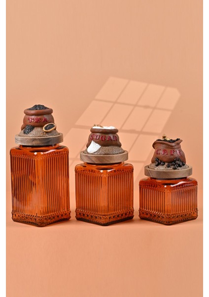El Yapımı Özel Tasarım Çay Kahve Şeker Kavanozu - 3'lü Set - Vakumlu Ahşap Kapaklı (Kahverengi Detaylı) - Dark Amber Çizgili Cam - Mutfak ve Ev Dekorasyonu fırsatları