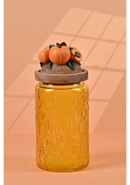El Yapımı Özel Tasarım Kavanoz - 1000 ml - Vakumlu Ahşap Kapaklı (Kayısı Detaylı) - Sarı Çiçekli Yuvarlak Cam - Mutfak ve Ev Dekorasyonu