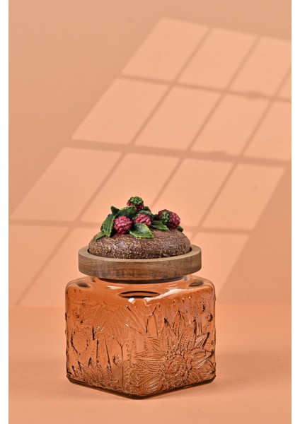 El Yapımı Özel Tasarım Kavanoz - 500 ml - Vakumlu Ahşap Kapaklı (Böğürtlen Detaylı) - Light Amber Çiçekli Kare Cam - Mutfak ve Ev Dekorasyonu Light Amber fiyatları