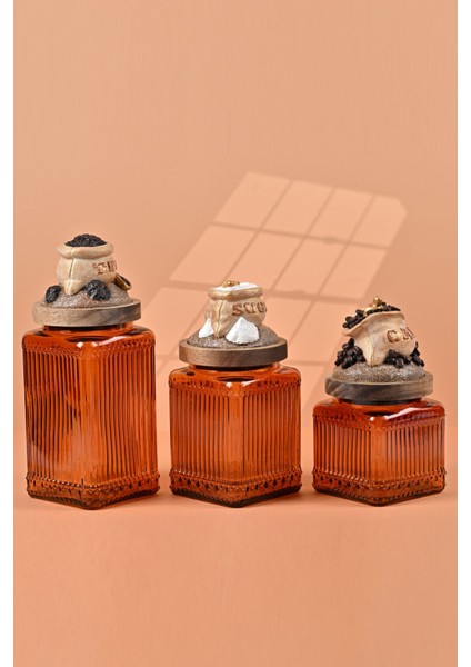 El Yapımı Özel Tasarım Çay Kahve Şeker Kavanozu - 3'lü Set - Vakumlu Ahşap Kapaklı (Dore Detaylı) - Dark Amber Çizgili Cam - Mutfak ve Ev Dekorasyonu modelleri