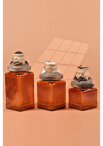 El Yapımı Özel Tasarım Çay Kahve Şeker Kavanozu - 3'lü Set - Vakumlu Ahşap Kapaklı (Dore Detaylı) - Dark Amber Çizgili Cam - Mutfak ve Ev Dekorasyonu fırsatları
