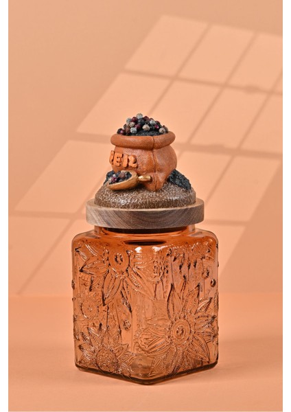 El Yapımı Özel Tasarım Karabiber Baharat Kavanozu - 700 ml - Vakumlu Ahşap Kapaklı (Turuncu Detaylı) - Light Amber Çiçekli Cam - Mutfak ve Ev Dekorasyonu fiyatları