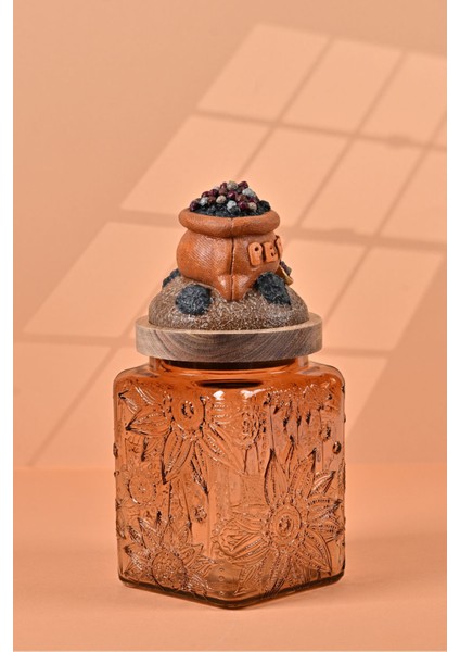 El Yapımı Özel Tasarım Karabiber Baharat Kavanozu - 700 ml - Vakumlu Ahşap Kapaklı (Turuncu Detaylı) - Light Amber Çiçekli Cam - Mutfak ve Ev Dekorasyonu modelleri