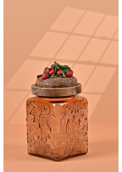 El Yapımı Özel Tasarım Kavanoz - 700 ml - Vakumlu Ahşap Kapaklı (Çilek Detaylı) - Light Amber Çiçekli Kare Cam - Mutfak ve Ev Dekorasyonu modelleri