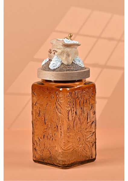 El Yapımı Özel Tasarım Tuz Baharat Kavanozu - 1000 ml -Vakumlu Ahşap Kapaklı (Dore Detaylı) - Medium Amber Çiçekli Cam - Mutfak ve Ev Dekorasyonu fiyatları