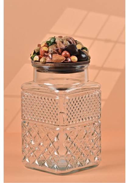 El Yapımı Özel Tasarım Kavanoz - 1800 ml -Vakumlu Ahşap Kapaklı (Kuruyemiş Detaylı) - Şeffaf Cam - Mutfak ve Ev Dekorasyonu fiyatları