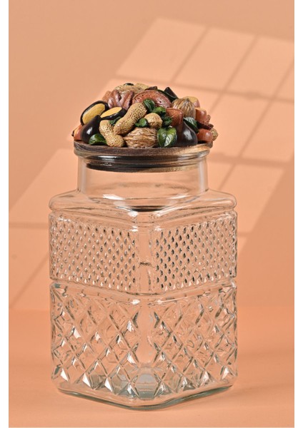 El Yapımı Özel Tasarım Kavanoz - 1800 ml -Vakumlu Ahşap Kapaklı (Kuruyemiş Detaylı) - Şeffaf Cam - Mutfak ve Ev Dekorasyonu modelleri