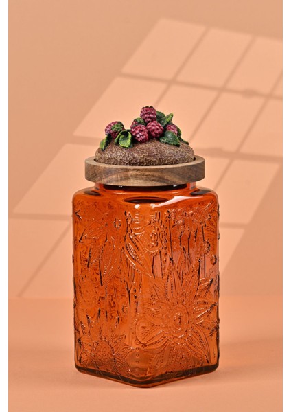 El Yapımı Özel Tasarım Kavanoz - 1000 ml - Vakumlu Ahşap Kapaklı (Böğürtlen Detaylı) - Dark Amber Çiçekli Kare Cam - Mutfak ve Ev Dekorasyonu Dark Amber fiyatları