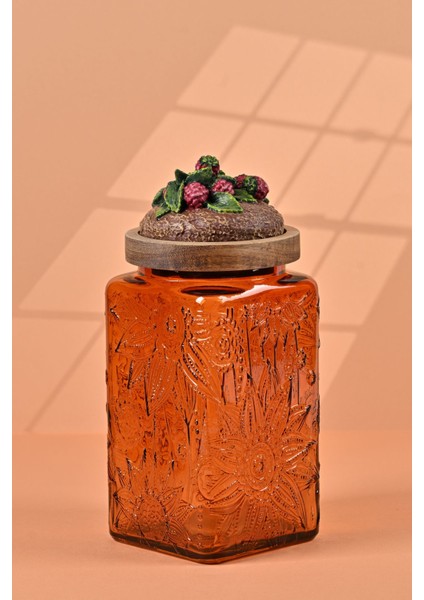 El Yapımı Özel Tasarım Kavanoz - 1000 ml - Vakumlu Ahşap Kapaklı (Böğürtlen Detaylı) - Dark Amber Çiçekli Kare Cam - Mutfak ve Ev Dekorasyonu Dark Amber modelleri