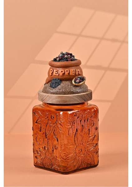 El Yapımı Özel Tasarım Karabiber Baharat Kavanozu - 700 ml - Vakumlu Ahşap Kapaklı (Turuncu Detaylı) - Dark Amber Çiçekli Cam - Mutfak ve Ev Dekorasyonu