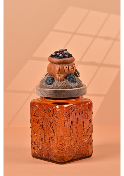 El Yapımı Özel Tasarım Karabiber Baharat Kavanozu - 700 ml - Vakumlu Ahşap Kapaklı (Turuncu Detaylı) - Dark Amber Çiçekli Cam - Mutfak ve Ev Dekorasyonu modelleri