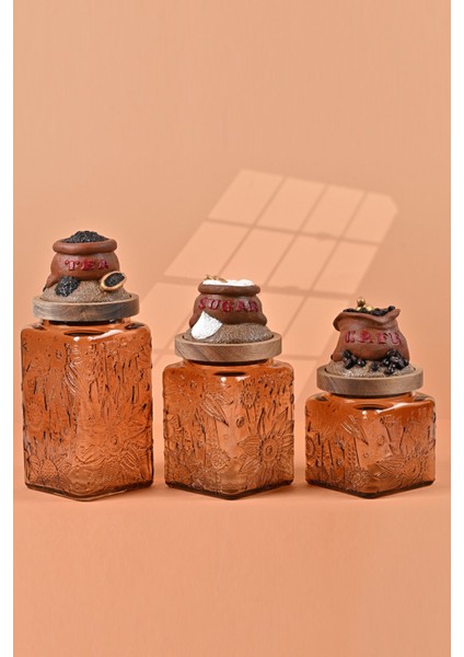 El Yapımı Özel Tasarım Çay Kahve Şeker Kavanozu - 3'lü Set - Vakumlu Ahşap Kapaklı (Kahverengi Detaylı) - Light Amber Çiçekli Cam - Mutfak ve Ev Dekorasyonu fiyatları