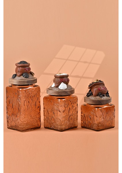 El Yapımı Özel Tasarım Çay Kahve Şeker Kavanozu - 3'lü Set - Vakumlu Ahşap Kapaklı (Kahverengi Detaylı) - Light Amber Çiçekli Cam - Mutfak ve Ev Dekorasyonu fırsatları