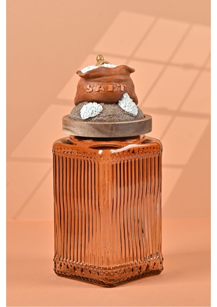 El Yapımı Özel Tasarım Tuz Baharat Kavanozu - 1000 ml - Vakumlu Ahşap Kapaklı (Turuncu Detaylı) - Light Amber Çizgili Cam - Mutfak ve Ev Dekorasyonu