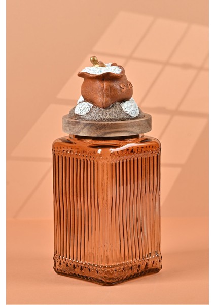 El Yapımı Özel Tasarım Tuz Baharat Kavanozu - 1000 ml - Vakumlu Ahşap Kapaklı (Turuncu Detaylı) - Light Amber Çizgili Cam - Mutfak ve Ev Dekorasyonu modelleri