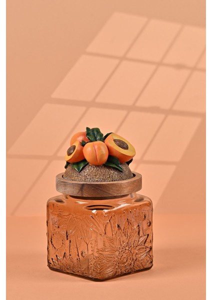 El Yapımı Özel Tasarım Kavanoz - 500 ml - Vakumlu Ahşap Kapaklı (Kayısı Detaylı) - Light Amber Çiçekli Kare Cam - Mutfak ve Ev Dekorasyonu modelleri