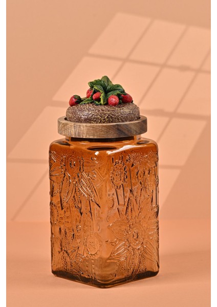 El Yapımı Özel Tasarım Kavanoz - 1000 ml - Vakumlu Ahşap Kapaklı (Çilek Detaylı) - Medium Amber Çiçekli Kare Cam - Mutfak ve Ev Dekorasyonu fiyatları