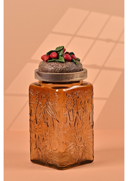 El Yapımı Özel Tasarım Kavanoz - 1000 ml - Vakumlu Ahşap Kapaklı (Çilek Detaylı) - Medium Amber Çiçekli Kare Cam - Mutfak ve Ev Dekorasyonu modelleri