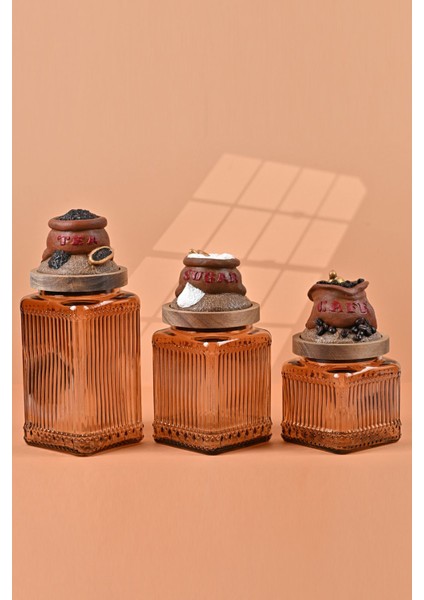 El Yapımı Özel Tasarım Çay Kahve Şeker Kavanozu - 3'lü Set - Vakumlu Ahşap Kapaklı (Kahverengi Detaylı) - Light Amber Çizgili Cam - Mutfak ve Ev Dekorasyonu modelleri