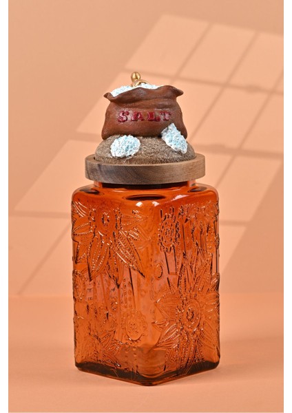 El Yapımı Özel Tasarım Tuz Baharat Kavanozu - 1000 ml - Vakumlu Ahşap Kapaklı (Kahverengi Detaylı) - Dark Amber Çiçekli Cam - Mutfak ve Ev Dekorasyonu