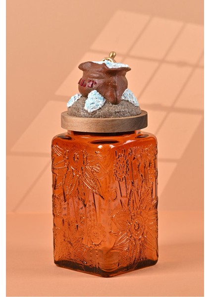 El Yapımı Özel Tasarım Tuz Baharat Kavanozu - 1000 ml - Vakumlu Ahşap Kapaklı (Kahverengi Detaylı) - Dark Amber Çiçekli Cam - Mutfak ve Ev Dekorasyonu modelleri