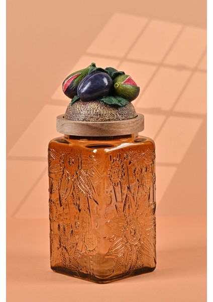 El Yapımı Özel Tasarım Kavanoz - 1000 ml - Vakumlu Ahşap Kapaklı (İncir Detaylı) - Medium Amber Çiçekli Kare Cam - Mutfak ve Ev Dekorasyonu fiyatları