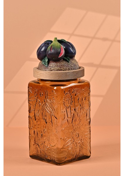 El Yapımı Özel Tasarım Kavanoz - 1000 ml - Vakumlu Ahşap Kapaklı (İncir Detaylı) - Medium Amber Çiçekli Kare Cam - Mutfak ve Ev Dekorasyonu modelleri