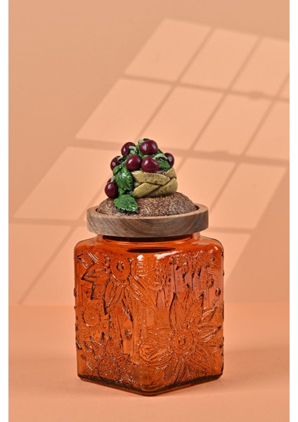 El Yapımı Özel Tasarım Kavanoz - 700 ml - Vakumlu Ahşap Kapaklı (Vişne Detaylı) - Dark Amber Çiçekli Kare Cam - Mutfak ve Ev Dekorasyonu fiyatları