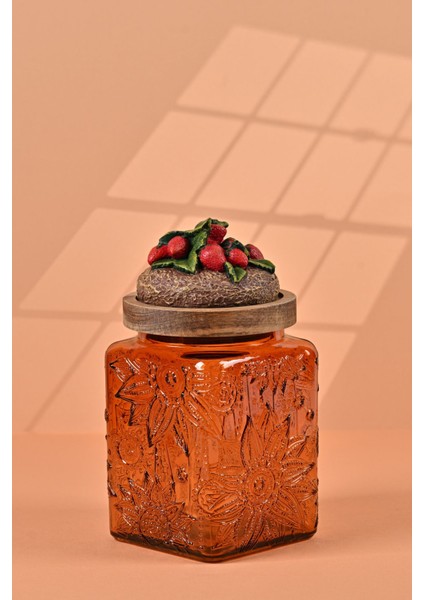 El Yapımı Özel Tasarım Kavanoz - 700 ml - Vakumlu Ahşap Kapaklı (Çilek Detaylı) - Dark Amber Çiçekli Kare Cam - Mutfak ve Ev Dekorasyonu modelleri