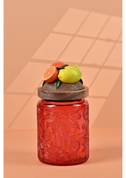El Yapımı Özel Tasarım Kavanoz - 700 ml - Vakumlu Ahşap Kapaklı (Portakal Detaylı) - Kırmızı Çiçekli Yuvarlak Cam - Mutfak ve Ev Dekorasyonu fiyatları