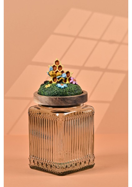 El Yapımı Özel Tasarım Bal Kavanozu - 700 ml - Vakumlu Ahşap Kapaklı (Bal ve Arı Detaylı) - Light Yeşil Çizgili Cam - Mutfak ve Ev Dekorasyonu