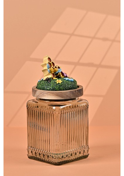 El Yapımı Özel Tasarım Bal Kavanozu - 700 ml - Vakumlu Ahşap Kapaklı (Bal ve Arı Detaylı) - Light Yeşil Çizgili Cam - Mutfak ve Ev Dekorasyonu fiyatları