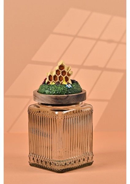 El Yapımı Özel Tasarım Bal Kavanozu - 700 ml - Vakumlu Ahşap Kapaklı (Bal ve Arı Detaylı) - Light Yeşil Çizgili Cam - Mutfak ve Ev Dekorasyonu fırsatları