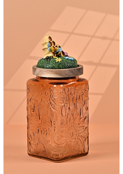 El Yapımı Özel Tasarım Bal Kavanoz - 1000 ml - Vakumlu Ahşap Kapaklı (Bal ve Arı Detaylı) - Light Amber Çiçekli Kare Cam - Mutfak ve Ev Dekorasyonu modelleri