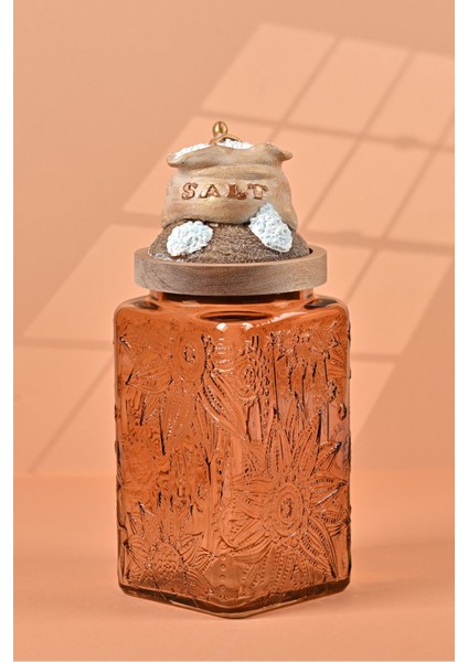El Yapımı Özel Tasarım Tuz Baharat Kavanozu - 1000 ml - Vakumlu Ahşap Kapaklı (Dore Detaylı) - Light Amber Çiçekli Cam - Mutfak ve Ev Dekorasyonu