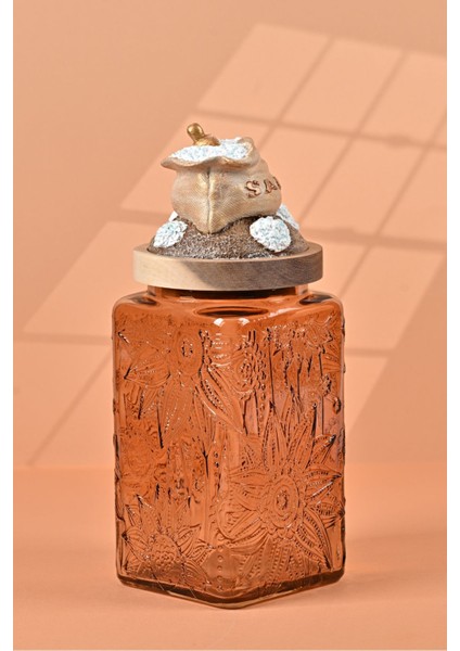 El Yapımı Özel Tasarım Tuz Baharat Kavanozu - 1000 ml - Vakumlu Ahşap Kapaklı (Dore Detaylı) - Light Amber Çiçekli Cam - Mutfak ve Ev Dekorasyonu fiyatları