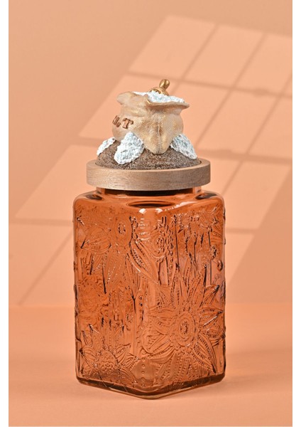 El Yapımı Özel Tasarım Tuz Baharat Kavanozu - 1000 ml - Vakumlu Ahşap Kapaklı (Dore Detaylı) - Light Amber Çiçekli Cam - Mutfak ve Ev Dekorasyonu modelleri