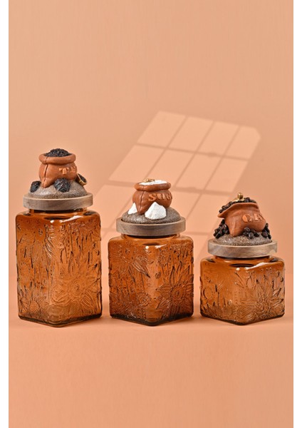 El Yapımı Özel Tasarım Çay Kahve Şeker Kavanozu - 3'lü Set - Vakumlu Ahşap Kapaklı (Turuncu Detaylı) - Medium Amber Çiçekli Cam - Mutfak ve Ev Dekorasyonu modelleri