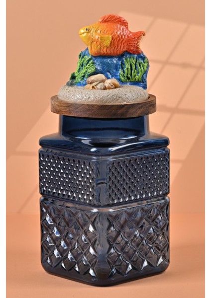 El Yapımı Özel Tasarım Kavanoz - 1800 ml - Vakumlu Ahşap Kapaklı (XL Boy Balık Marin Detaylı) - Kobalt Mavi Kare Cam - Mutfak ve Ev Dekorasyonu