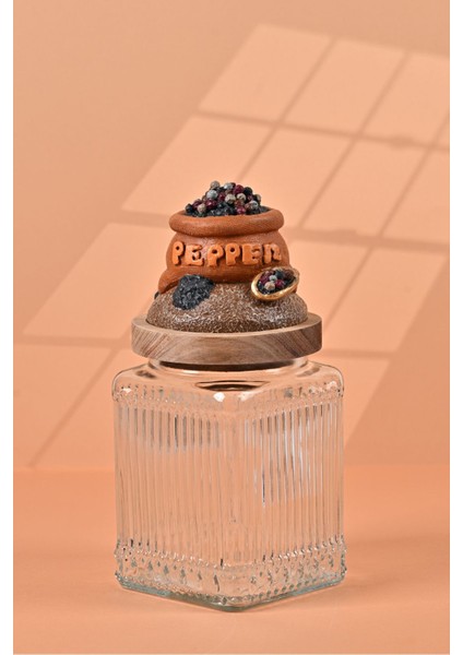 El Yapımı Özel Tasarım Karabiber Baharat Kavanozu - 700 ml - Vakumlu Ahşap Kapaklı (Turuncu Detaylı) - Şeffaf Çizgili Cam - Mutfak ve Ev Dekorasyonu