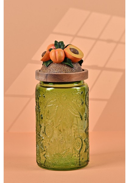 El Yapımı Özel Tasarım Kavanoz - 1000 ml - Vakumlu Ahşap Kapaklı (Kayısı Detaylı) - Yeşil Çiçekli Yuvarlak Cam - Mutfak ve Ev Dekorasyonu